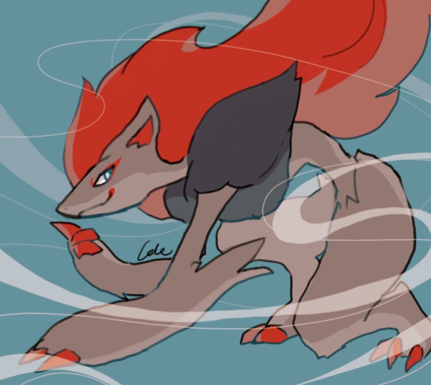 arm_up blue_background blue_eyes claws closed_mouth commentary floating_hair full_body game_freak gen_5_pokemon highres lole_pokemon looking_back nintendo pokemon pokemon_(creature) profile red_hair smile wind zoroark