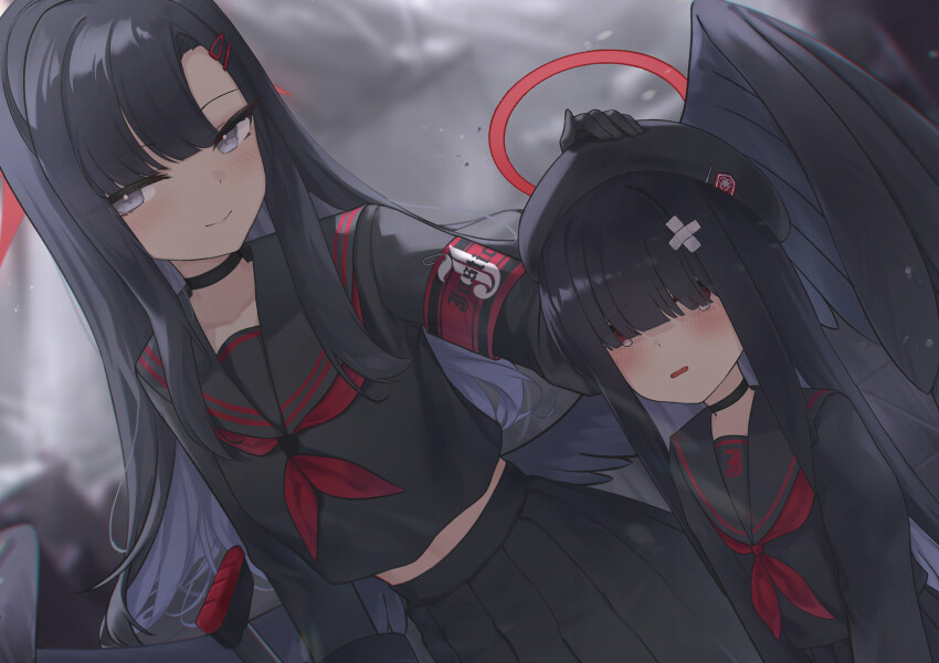 2girls armband assault_rifle beret black_choker black_hair black_sailor_collar black_serafuku black_skirt black_wings blue_archive blurry blush breasts bullpup choker ciza_gomi closed_mouth commentary_request depth_of_field dutch_angle em-2 feathered_wings grey_eyes gun hair_over_eyes halo hat headpat highres ichika_(blue_archive) justice_task_force_member_(blue_archive) long_hair long_sleeves looking_at_viewer midriff_peek multiple_girls neckerchief open_mouth pleated_skirt red_armband red_halo red_hat red_neckerchief rifle sailor_collar school_uniform serafuku skirt small_breasts smile weapon wings