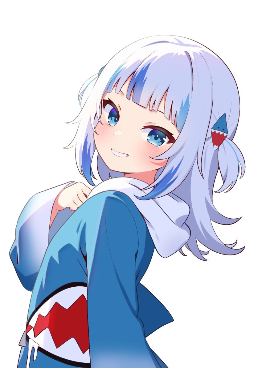 1girl absurdres blue_eyes blue_hair blue_hoodie commentary gawr_gura gawr_gura_(1st_costume) grey_hair grin hair_ornament highres hololive hololive_english hood hoodie looking_at_viewer multicolored_hair ryu160303 shark_girl shark_hair_ornament simple_background smile solo streaked_hair symbol-only_commentary teeth two_side_up virtual_youtuber white_background
