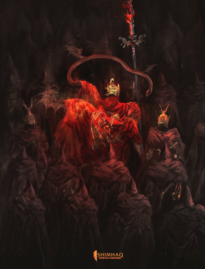 2024 2boys 6+others absurdres animal armor army artist_logo artist_name bat_wings chainmail dated elden_ring elden_ring:_shadow_of_the_erdtree fire fire_knight_salza flaming_weapon helmet highres holding holding_polearm holding_weapon logo long_hair messmer_the_impaler multiple_boys multiple_others ornate ornate_armor ornate_weapon polearm red_hair red_shawl red_snake shawl shimhaq snake snake_on_shoulder spear weapon wings