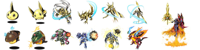 armor bryweludramon cotsucomon digimon duramon durandamon electricity fire fusion highres kakkinmon ludomon official_art ragnalordmon raijiludomon sakumon sakuttomon shield sword tialudomon weapon zubaeagermon zubamon