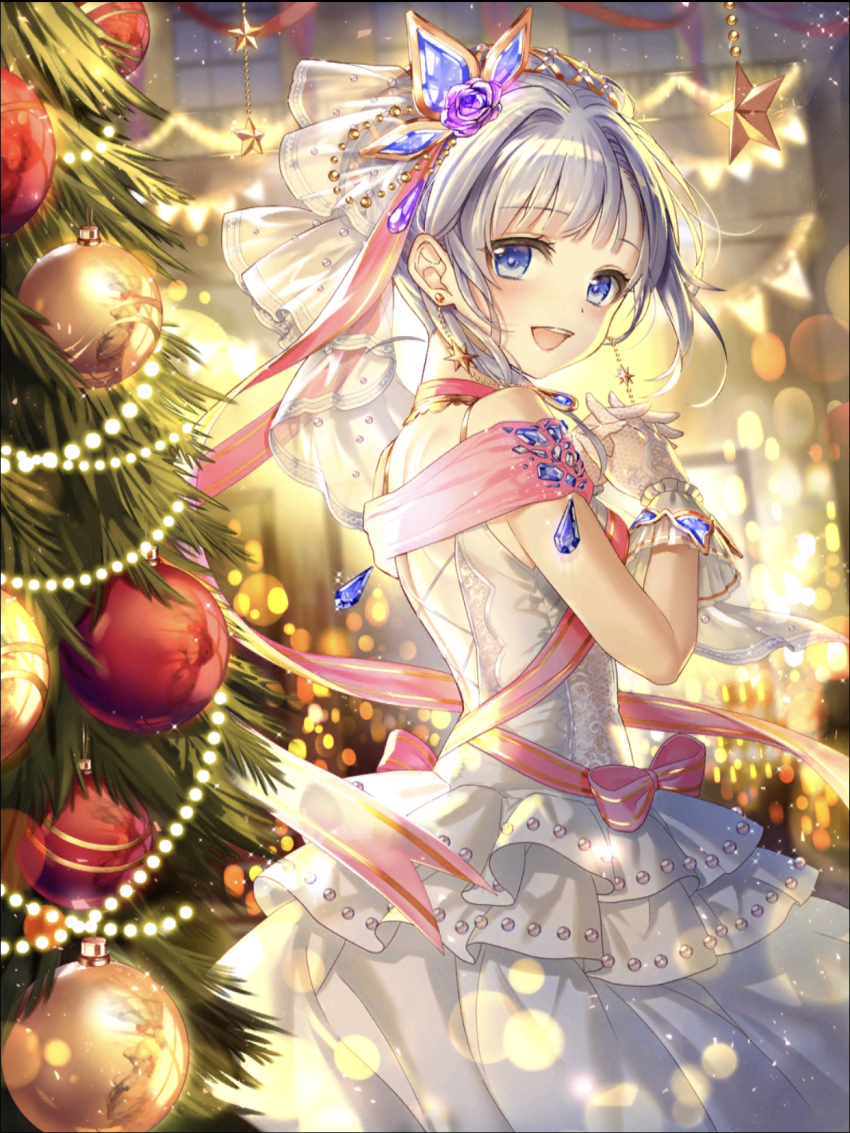 1girl back baizu_(guszx) bare_shoulders blue_eyes blue_hair blush christmas christmas_tree cowboy_shot dress hair_ornament highres looking_at_viewer looking_back night open_mouth own_hands_clasped own_hands_together pink_ribbon ribbon shironeko_project short_hair smile solo teeth tina_topia upper_teeth_only white_dress