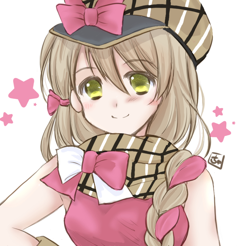 1girl blonde_hair braid brown_scarf chuchi_suko fire_emblem fire_emblem_engage framme_(fire_emblem) hat highres long_hair looking_at_viewer multicolored_hair nintendo pink_hair plaid_clothes plaid_headwear plaid_scarf scarf single_braid solo split-color_hair yellow_eyes