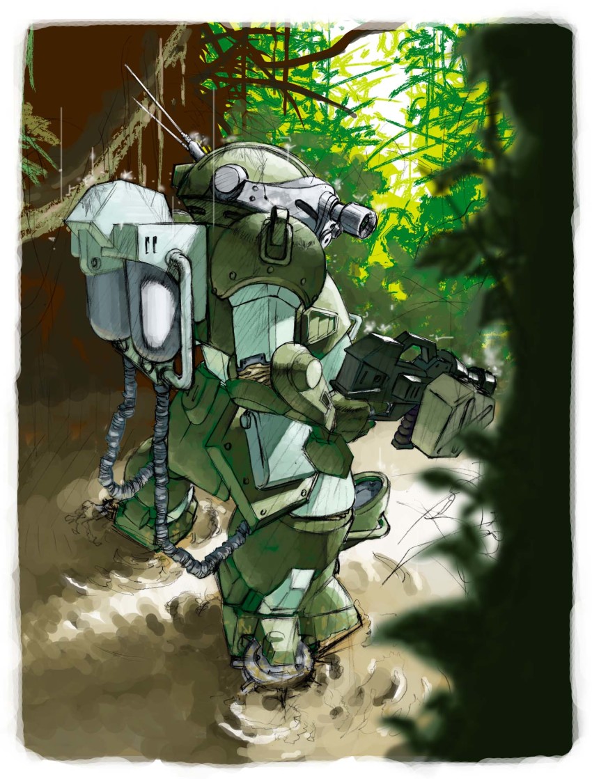 cable forest from_side gun head_tilt highres holding holding_gun holding_weapon mecha mud nature no_humans radio_antenna robot scopedog solo soukou_kihei_votoms weapon yashima_(ds-drive)