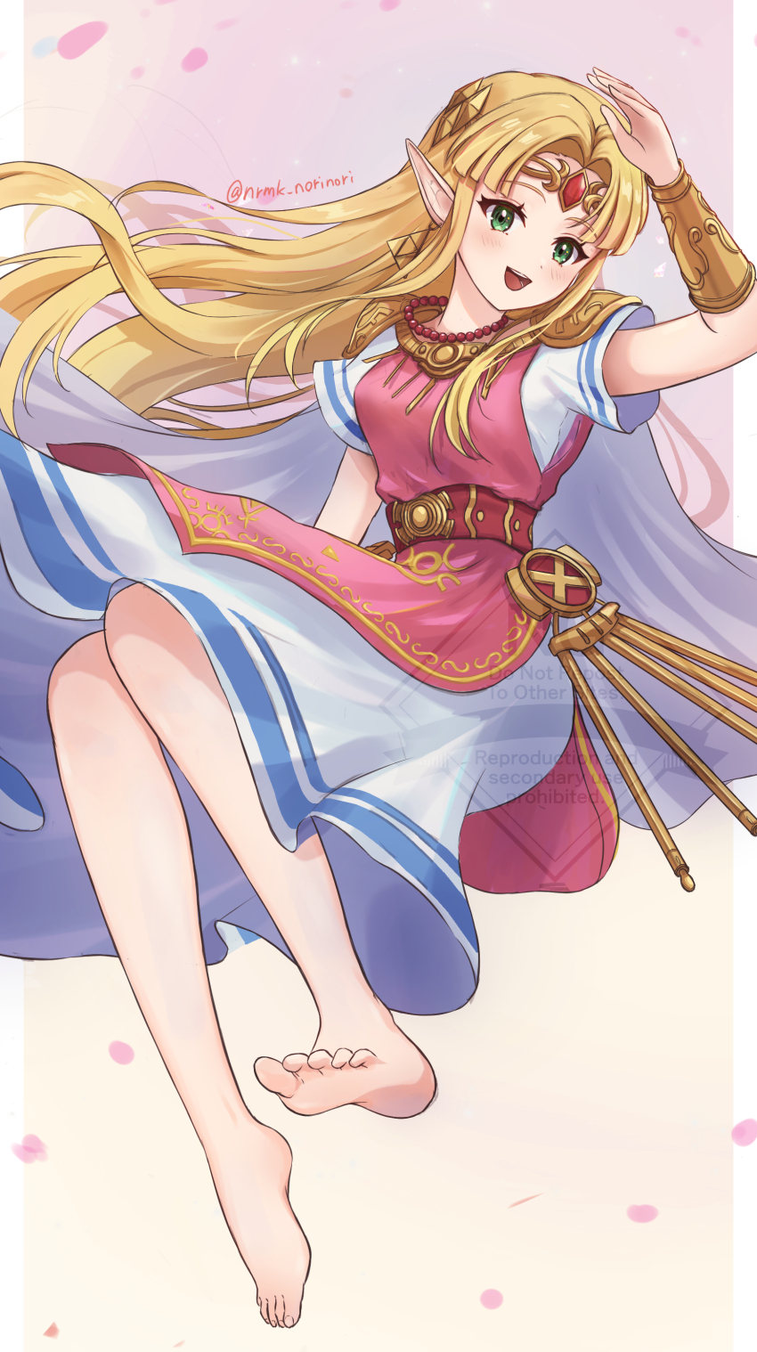 1girl absurdres armor artist_name barefoot bead_necklace beads belt blonde_hair border bracer commentary dress earrings falling_petals feet gem gradient_background green_eyes hand_up highres jewelry long_hair looking_at_viewer necklace nintendo norimaki_(nrmk_norinori) open_mouth outside_border petals pillarboxed pink_background pink_dress pink_petals pointy_ears princess princess_zelda red_gemstone short_sleeves shoulder_armor sidelocks smile soles solo the_legend_of_zelda the_legend_of_zelda:_a_link_between_worlds tiara toes triforce twitter_username two-tone_dress watermark white_border white_dress yellow_background