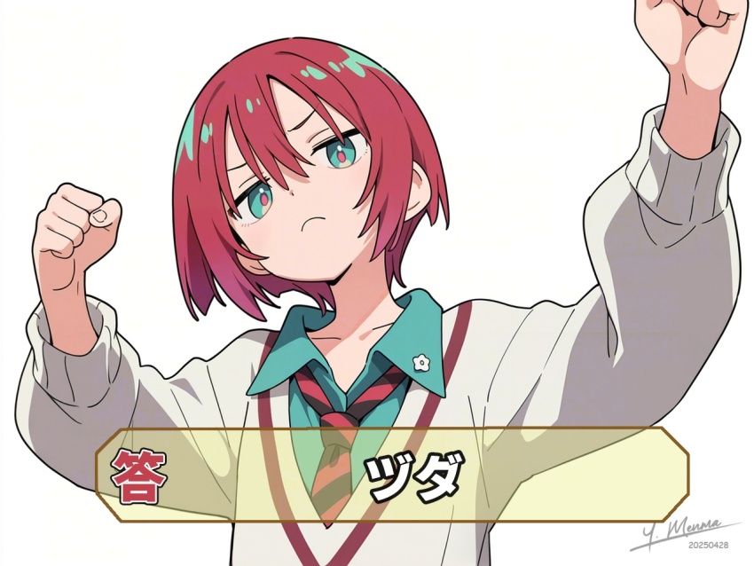 1girl ai-generated amate_yuzuriha artist_name black_necktie clenched_hands collarbone colombia_pose_(meme) commentary_request dated green_eyes green_shirt gundam gundam_gquuuuuux meme necktie red_hair red_necktie shirt short_hair simple_background striped_necktie sweater two-tone_necktie white_background white_sweater yuusha_menma