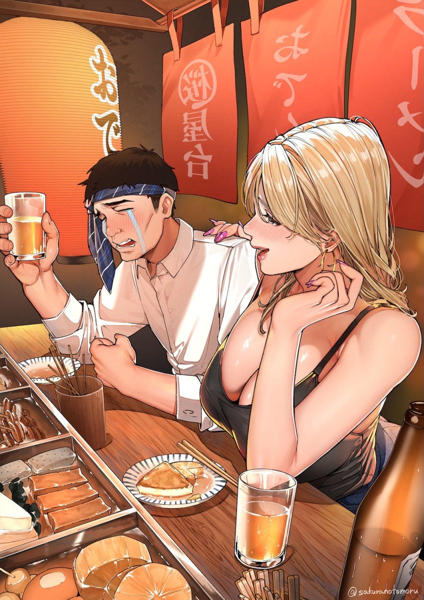 1boy 1girl :d alcohol bare_shoulders beer black_eyes black_hair blonde_hair blush bottle breasts commentary_request crying cup denim drinking_glass food highres holding holding_cup jeans large_breasts long_hair necktie_around_head oden open_mouth original pants purple_nails sakura_no_tomoru_hi_e sitting smile tank_top tears