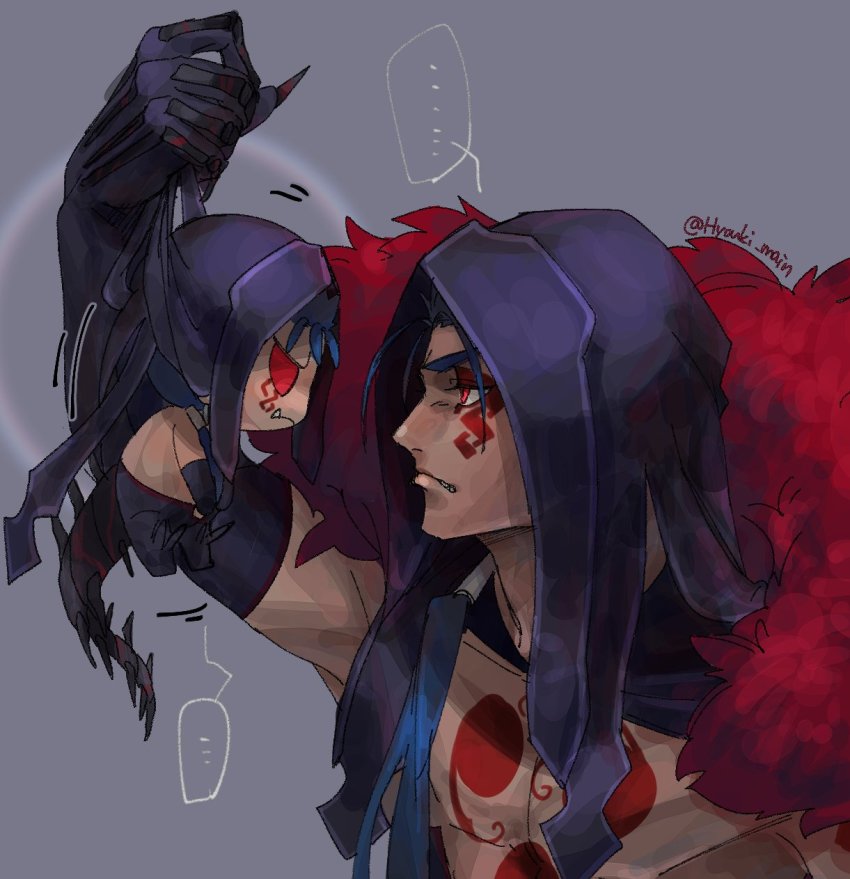 ... 2boys bare_pectorals black_gloves blue_hair chest_tattoo chibi cu_chulainn_(fate) cu_chulainn_(fate/stay_night) cu_chulainn_alter_(fate) cu_chulainn_alter_(fate/grand_order) detached_hood eye_contact facial_mark fate/grand_order fate_(series) from_side glaring gloves hair_over_shoulder hair_strand highres hood hyouki_(gamo835-zard) long_hair looking_at_another male_focus mini_cu-chan_(fate) mitsudomoe_(shape) multiple_boys pectorals profile purple_background red_eyes simple_background stare_down tattoo tomoe_(symbol) twitter_username upper_body
