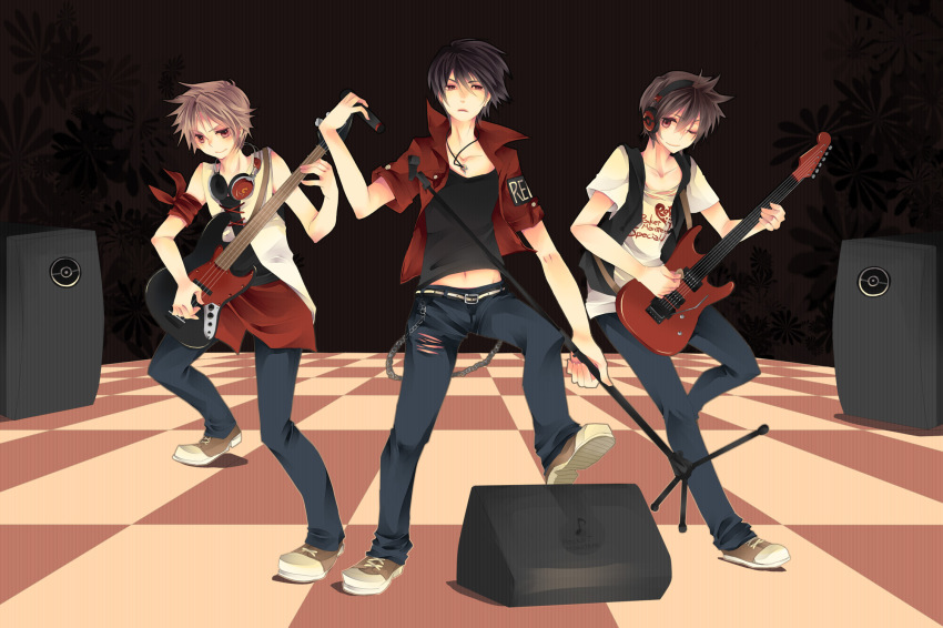 00s 1990s_(style) 3boys alternate_costume amplifier armband band_(music) bass_guitar guitar headphones highres instrument jikei male_focus microphone microphone_stand multiple_boys multiple_persona nintendo no_headwear on_stage performance pokemon pokemon_adventures pokemon_frlg pokemon_rgby red_(pokemon) red_(pokemon_frlg) retro_artstyle speaker