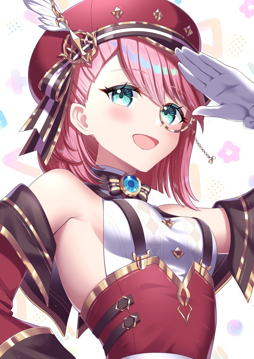 1girl absurdres aqua_eyes bare_shoulders belt blue_brooch blue_gemstone bow breasts cabbie_hat charlotte_(genshin_impact) detached_sleeves gem genshin_impact gloves gold_trim hat hat_feather highres long_sleeves monocle open_mouth pink_hair puffy_detached_sleeves puffy_sleeves red_hat red_sleeves salute shirt short_hair sideboob smile solo tateko25wiz white_belt white_gloves white_shirt