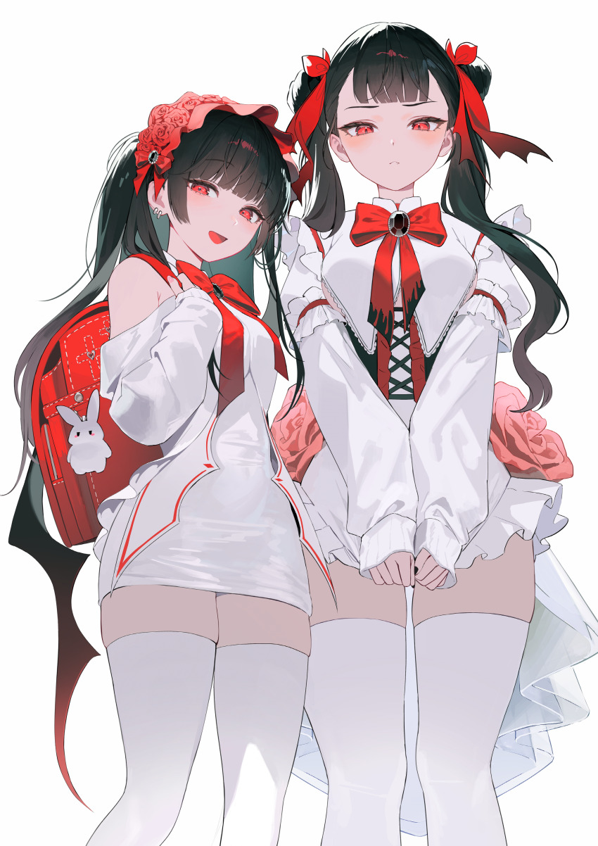 1girl absurdres animal_charm backpack bag black_hair blunt_bangs blush bow bowtie charm_(object) commentary earrings feet_out_of_frame highres jewelry long_sleeves multiple_girls myabit original rabbit_charm randoseru red_bag red_bow red_bowtie red_eyes simple_background thighhighs white_background white_thighhighs