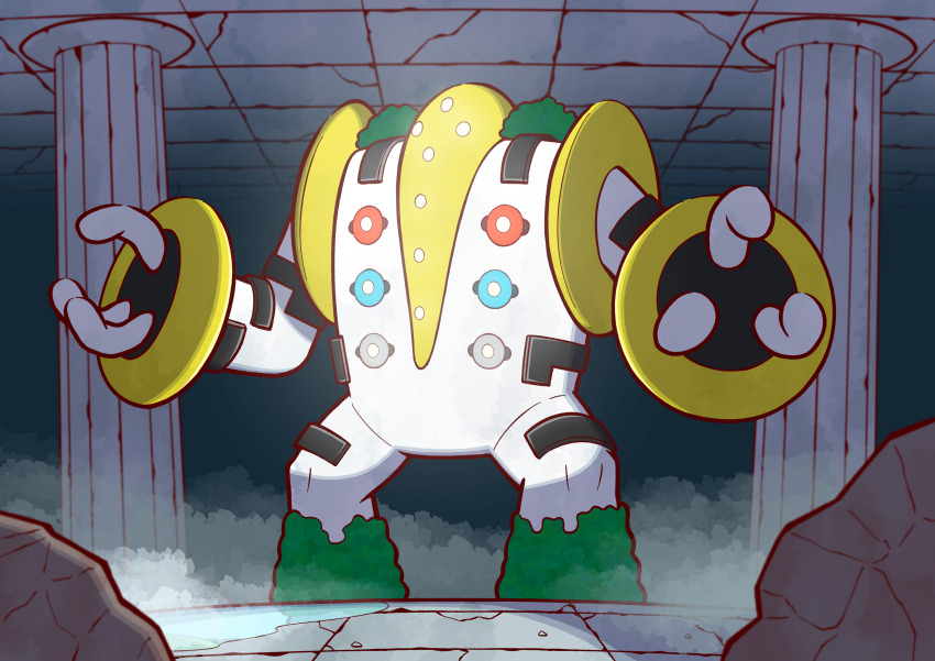 absurdres blue_eyes bright_pupils ceiling column cracked_ceiling fog full_body gen_4_pokemon grey_eyes highres indoors legendary_pokemon nintendo no_humans pillar pokemon pokemon_(creature) pokemon_focus red_eyes regigigas rock solo standing white_pupils zitome_i