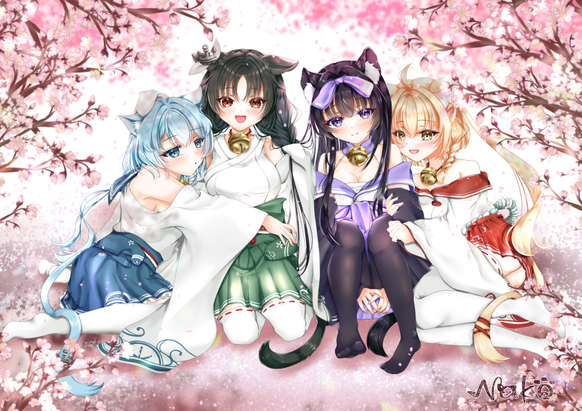 4girls absurdres animal_ear_fluff animal_ears arashio_(azur_lane) artist_name asashio_(azur_lane) azur_lane bell black_hair black_pantyhose blonde_hair blue_eyes blue_hair blue_skirt braid breasts cat_ears cat_girl cherry_blossoms cleavage closed_mouth green_skirt highres japanese_clothes jingle_bell michishio_(azur_lane) multiple_girls nako_nya neck_bell ooshio_(azur_lane) pantyhose parted_bangs purple_eyes red_eyes signature skirt thighhighs white_thighhighs wide_sleeves