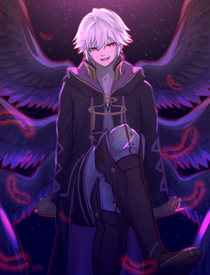 1boy absurdres black_coat boots coat corruption crossed_legs dark_persona feathered_wings fire_emblem fire_emblem_awakening grima_(fire_emblem) highres hood hood_down hooded_coat intelligent_systems long_sleeves looking_at_viewer male_robin_(fire_emblem) male_robin_(grima)_(fire_emblem) nintendo open_clothes open_coat open_mouth pants possessed possession purple_wings red_eyes short_hair solo white_hair white_pants wings zuzu_(ywpd8853)