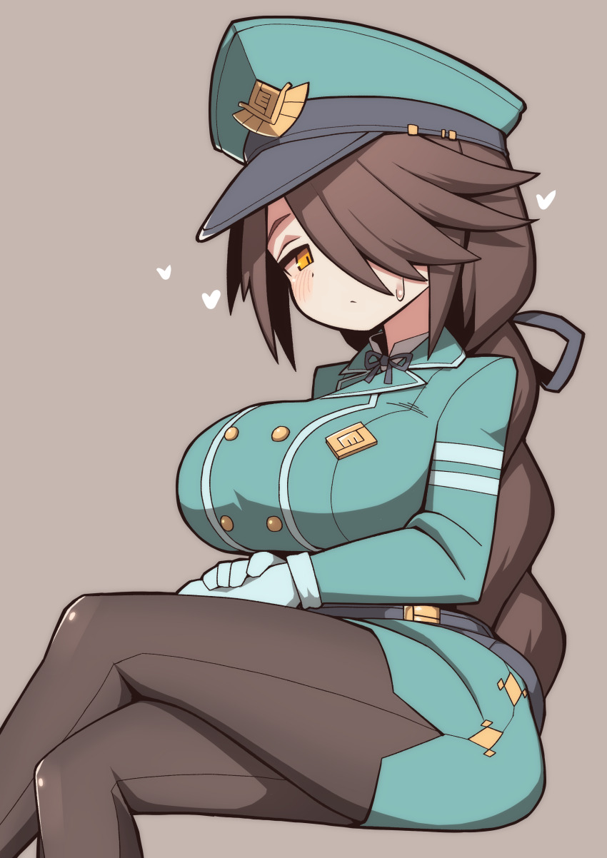 1girl absurdres aqua_dress aqua_hat belt black_belt black_ribbon blue_gloves blush bori_(3910234) braid breasts brown_hair brown_pantyhose buttons crossed_legs double-breasted dress gloves grey_background hair_over_one_eye hair_ribbon hat heart highres large_breasts long_hair long_sleeves looking_at_viewer military military_hat military_uniform neck_ribbon orange_eyes own_hands_together pantyhose peaked_cap ribbon seamed_legwear sequel_(series) sequel_blight short_dress side-seamed_legwear simple_background single_braid sitting solo sweat tillema_riema_(sequel_blight) tirma_riema very_long_hair