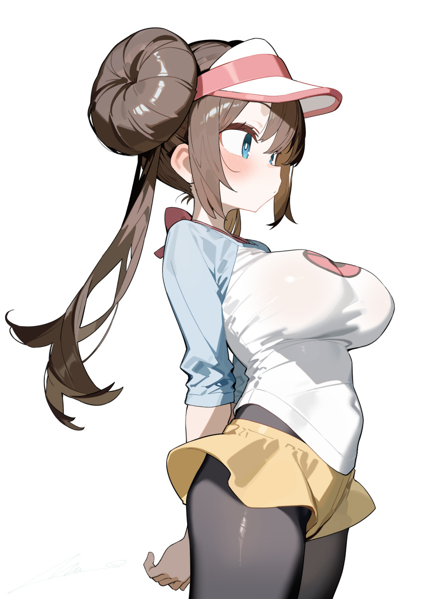 1girl black_pantyhose blue_eyes breasts brown_hair donut_hair_bun double_bun from_side hair_bun highres large_breasts nintendo overlord_(overlord80000) pantyhose pokemon pokemon_bw2 raglan_sleeves rosa_(pokemon) shorts solo twintails visor_cap yellow_shorts