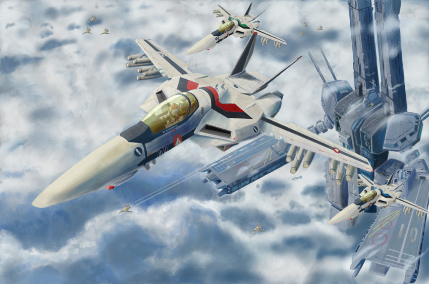 1980s_(style) 3boys aircraft aircraft_carrier airplane bad_id bad_pixiv_id cannon choujikuu_yousai_macross cloud contrail epic fleet flying i.t.o_daynamics ichijou_hikaru jet kakizaki_hayao launch macross macross:_do_you_remember_love? male_focus maximilian_jenius mecha military military_vehicle missile multiple_boys oldschool realistic retro_artstyle robot science_fiction sdf-1 ship spacecraft storm_attacker u.n._spacy vehicle_focus vf-1 vf-1a vf-1s warship watercraft