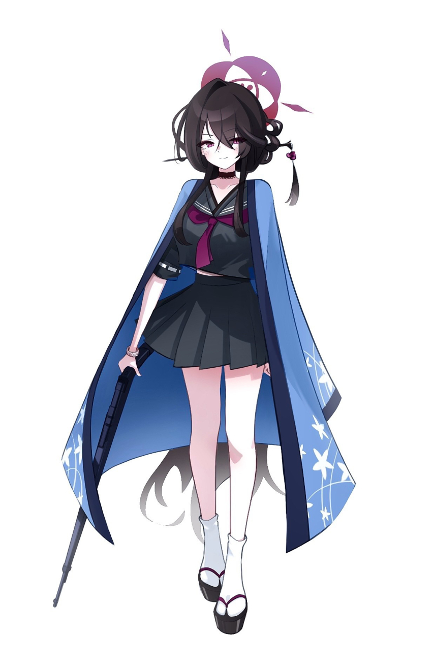 1girl aged_down arisaka black_choker black_hair black_serafuku blue_archive bolt_action choker commentary full_body gun hair_ornament hair_stick halo haori highres holding holding_gun holding_weapon japanese_clothes kokuriko_(blue_archive) long_hair looking_at_viewer midriff necktie pleated_skirt racoon5 red_necktie rifle school_uniform serafuku short_sleeves simple_background skirt socks solo tabi tachi-e very_long_hair weapon white_background white_socks
