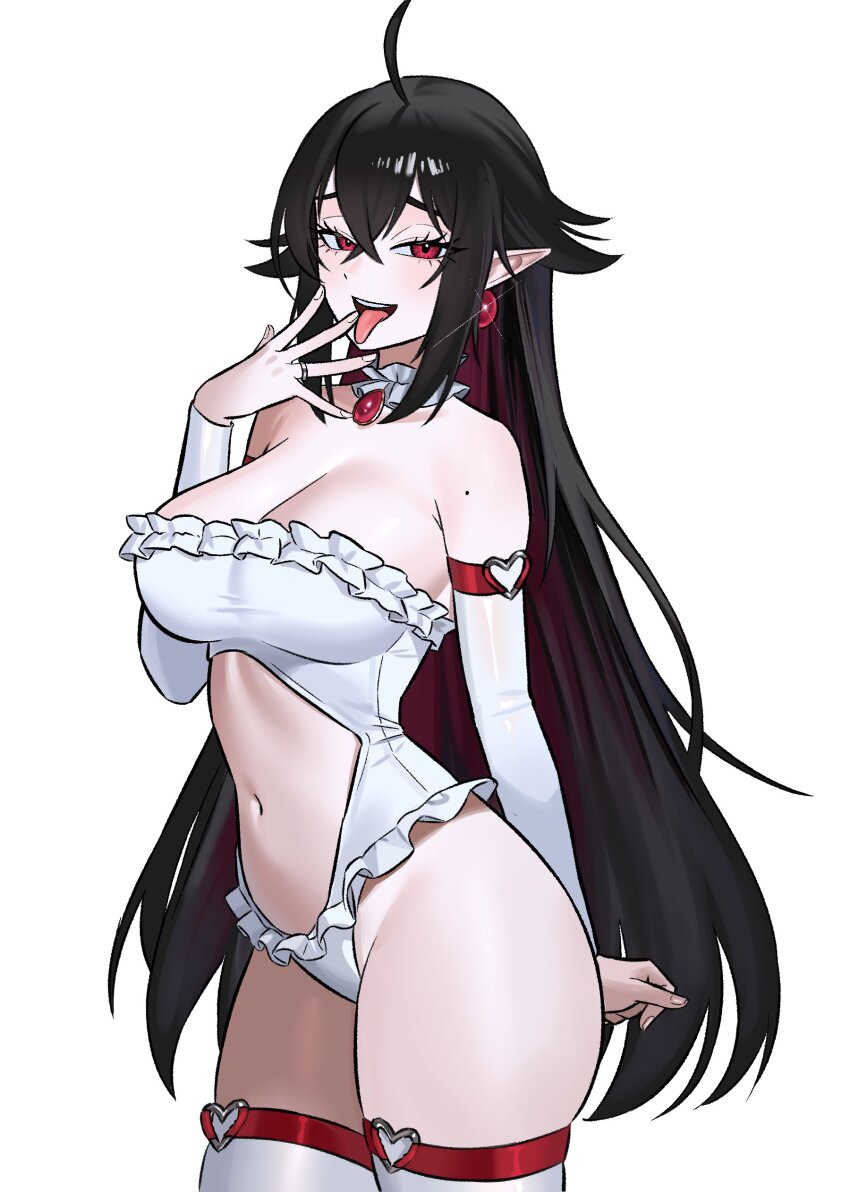1girl absurdres black_hair clothing_cutout collarbone detached_collar ear_piercing earrings elbow_gloves elf gloves highleg highleg_leotard highres jewelry leotard long_hair looking_at_viewer multicolored_hair navel o-ring open_mouth original piercing pointy_ears red_eyes red_hair ring smile solo standing stomach_cutout strapless strapless_leotard streaked_hair teeth thighhighs thighs tongue tongue_out very_long_hair white_gloves white_thighhighs zeon_(zzeeonn)