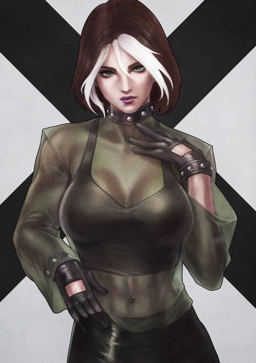 1girl absurdres black_gloves bracelet brown_hair commentary english_commentary gloves highres jewelry marvel monori_rogue multicolored_hair navel_piercing piercing rogue_(x-men) see-through_clothes short_hair solo studded_bracelet studded_choker two-tone_hair x-men x-men_evolution