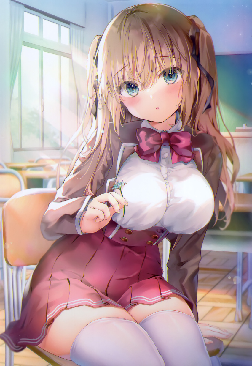 1girl absurdres arm_support blush breasts brown_hair brown_jacket chair chalkboard classroom curtains desk flower green_eyes hair_between_eyes hair_ribbon highres holding holding_flower indoors jacket kino_(kino_konomi) large_breasts long_hair long_sleeves looking_at_viewer nail_polish original parted_lips pleated_skirt red_eyes red_skirt ribbon school_chair school_desk school_uniform shirt sitting skirt solo sunlight thighhighs thighs white_shirt white_thighhighs window wooden_floor zettai_ryouiki