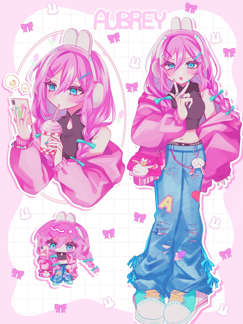 1girl :o absurdres aegyo_sal animal_charm animal_ear_headphones animal_ears aqua_bow aqua_eyes aqua_nails aqua_shoes arm_at_side aubrey_(faraway)_(omori) aubrey_(omori) bag belt black_belt black_shirt blue_pants border bow braid breasts character_name chibi chibi_inset clothes_writing commentary copyright_name cropped_torso cup cupcake_bunny_(omori) denim disposable_cup double-parted_bangs drinking drinking_straw drinking_straw_in_mouth eyelashes fake_animal_ears forest_bunny?_(omori) full_body grey_nails grid_background hair_between_eyes hair_over_shoulder hand_up hands_up headphones highres holding holding_cup holding_phone jacket jacket_partially_removed jeans jewelry leaning_forward legs_together long_hair long_sleeves looking_at_phone looking_at_viewer midriff mr._plantegg_(omori) multicolored_nails multiple_views navel official_alternate_costume official_alternate_hairstyle omori outline outside_border pants phone pigeon-toed pink_bag pink_border pink_bow pink_jacket pink_nails puffy_long_sleeves puffy_sleeves purple_nails rabbit_ear_headphones ring shirt shoelaces shoes shoulder_bag sidelocks simple_background single_bare_shoulder sleeveless sleeveless_shirt small_breasts spoken_expression spoken_food standing star_(symbol) symbol-only_commentary torn_clothes torn_pants tsurime twin_braids v-shaped_eyebrows w w_over_mouth white_background white_outline yuyuyu_m5