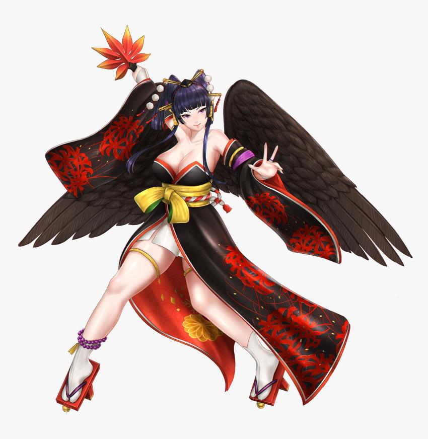 1girl :p bare_shoulders black_detached_sleeves black_hair black_wings breasts cleavage clog_sandals collarbone contrapposto dead_or_alive dead_or_alive_6 detached_sleeves female_focus full_body hair_ornament hand_up hat highres japanese_clothes kurone_rinka large_breasts legs long_hair looking_at_viewer mask unworn_mask mole mole_under_mouth neck nyotengu purple_eyes simple_background skirt smile solo standing strapless tecmo tokin tongue tongue_out twintails white_skirt wide_sleeves wings