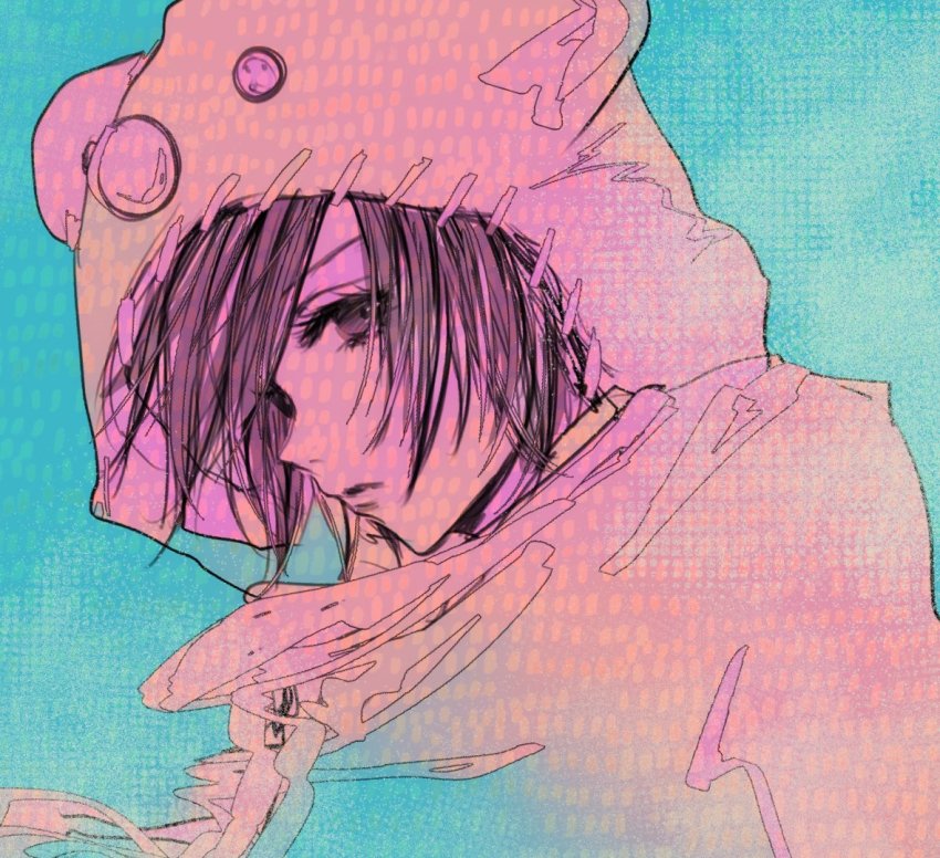 1girl cloak final_fantasy final_fantasy_vii final_fantasy_vii_remake frown hood hooded_cloak kanoe_k looking_at_viewer moo multicolored_background ninja red_nose short_hair yuffie_kisaragi