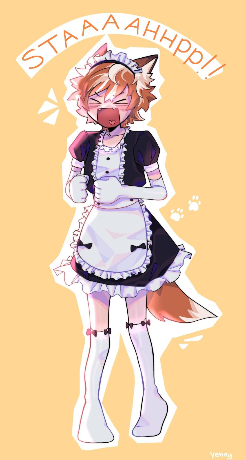 &gt;_&lt; 1boy absurdres alternate_costume animal_ears apron black_dress blush closed_eyes commentary crossdressing dress embarrassed english_commentary enmaided fangs fox_boy fox_ears fox_tail full_body fundy_(youtuber) highres maid maid_apron maid_headdress male_focus male_maid minecraft_youtube multicolored_hair open_mouth orange_hair short_hair shouting simple_background solo standing streaked_hair tail yellow_background yenny_(yennyinc)