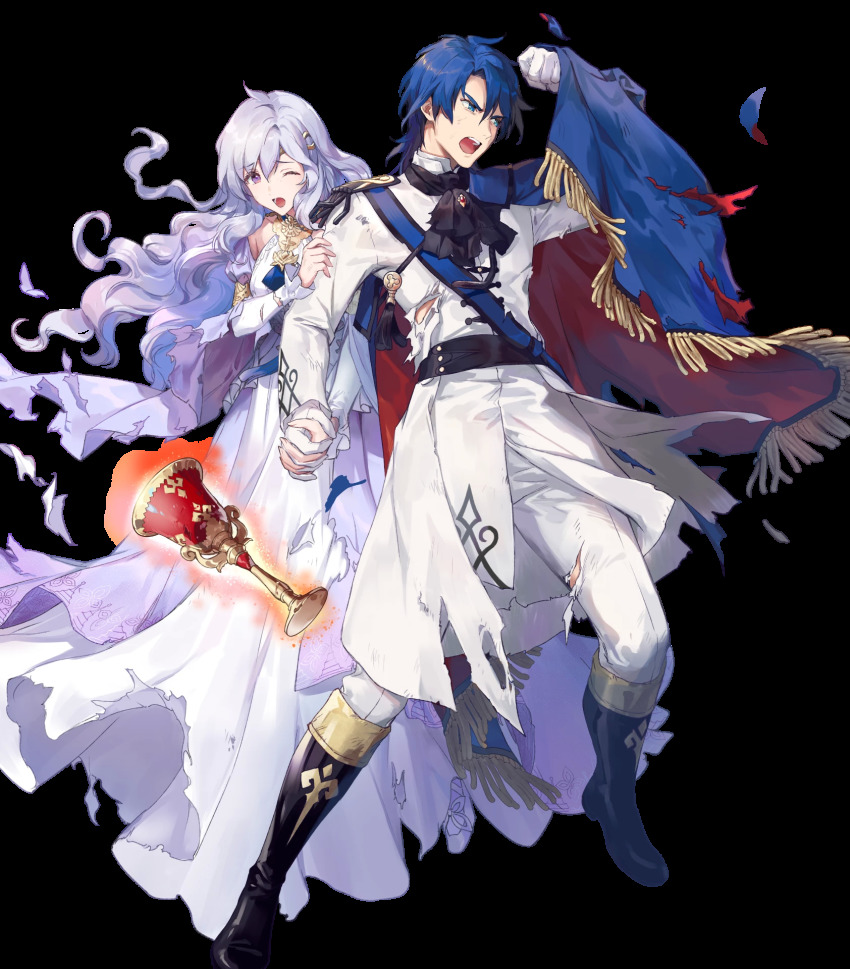 1boy 1girl azu-taro ballgown ballroom_dress ballroom_gown black_footwear blue_eyes blue_hair boots cape chalice couple cup deirdre_(fire_emblem) deirdre_(masquerade)_(fire_emblem) dress fire_emblem fire_emblem:_genealogy_of_the_holy_war fire_emblem_heroes full_body gloves glowing highres holding_hands husband_and_wife interlocked_fingers knee_boots light_purple_hair long_dress long_hair long_sleeves matching_hair/eyes nintendo official_art one_eye_closed pants purple_eyes short_hair sigurd_(fire_emblem) sigurd_(masquerade)_(fire_emblem) torn_cape torn_clothes transparent_background white_gloves