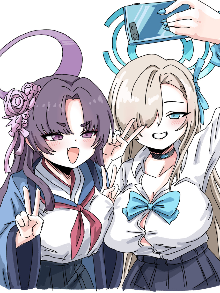 2girls asuna_(blue_archive) asuna_(school_uniform)_(blue_archive) blonde_hair blue_archive blue_bow blue_bowtie blue_eyes blue_halo blue_haori blue_skirt blush bow bowtie breasts choker cleavage collarbone double_v fang flower grin hair_flower hair_ornament hair_over_one_eye halo haori highres holding holding_phone japanese_clothes large_breasts long_hair multiple_girls neckerchief open_mouth parted_bangs phone purple_eyes purple_hair purple_halo red_neckerchief selfie shirt skin_fang skirt sleeves_rolled_up smile tachikaze_miyako thick_eyebrows v very_long_hair white_shirt yukari_(blue_archive)