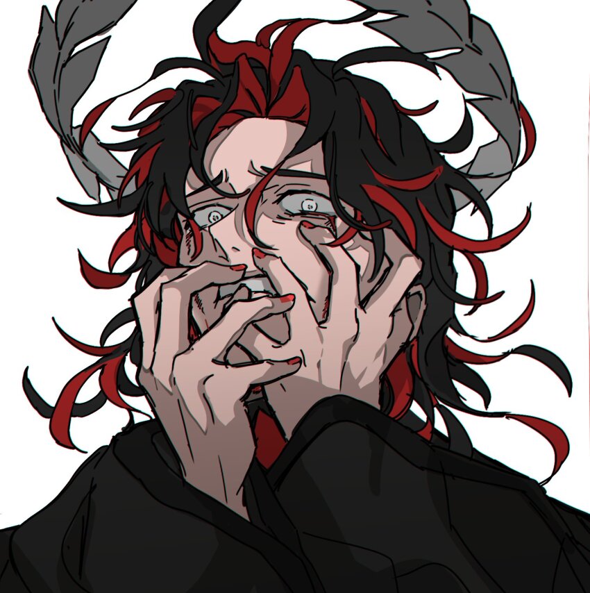1boy black_hair blood bloody_tears crown crying curly_hair dante_alighieri_(fate) dante_alighieri_(third_ascension)_(fate) distress fate/grand_order fate_(series) floating_crown fog_fgo grey_eyes hands_on_own_face highres laurel_crown male_focus medium_hair multicolored_hair open_mouth portrait red_hair red_nails simple_background solo two-tone_hair white_background wide-eyed