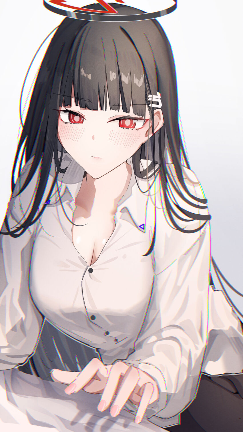1girl absurdres black_hair black_pantyhose blue_archive blunt_bangs blush breasts cleavage closed_mouth hair_behind_ear hair_ornament hairclip highres large_breasts leonardo_566 long_hair looking_at_viewer no_pants pantyhose red_eyes rio_(blue_archive) shirt solo white_shirt