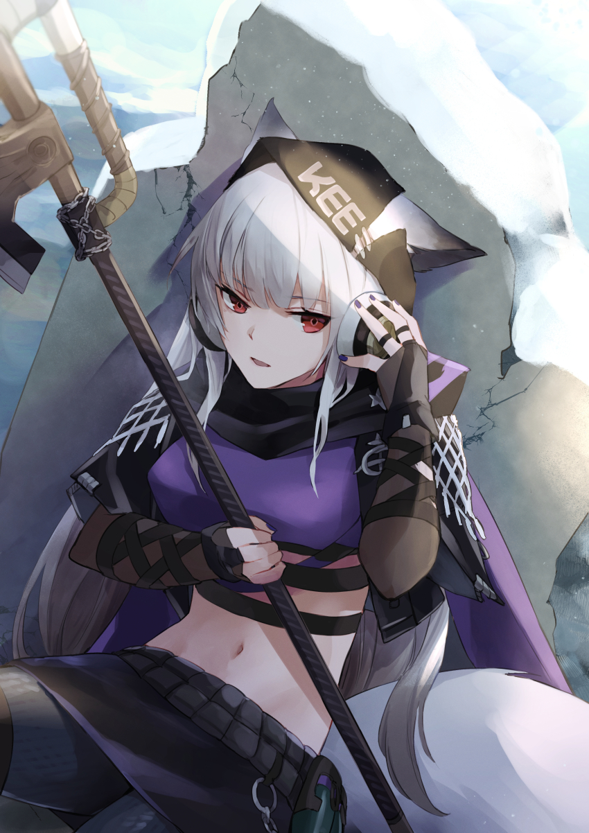 1girl absurdres animal_ears arknights beanie behind_cover black_gloves black_hat black_pantyhose black_skirt breasts cape clothes_writing cowboy_shot crop_top e-bushi ears_through_headwear female_focus fox_ears fox_tail frostleaf_(arknights) frostleaf_(breaking_the_ice)_(arknights) gloves grey_hair halberd hat headphones highres holding holding_polearm holding_weapon implied_extra_ears long_hair looking_at_viewer midriff navel official_alternate_costume pantyhose parted_lips polearm purple_cape purple_shirt red_eyes rock shirt skirt small_breasts solo tail weapon