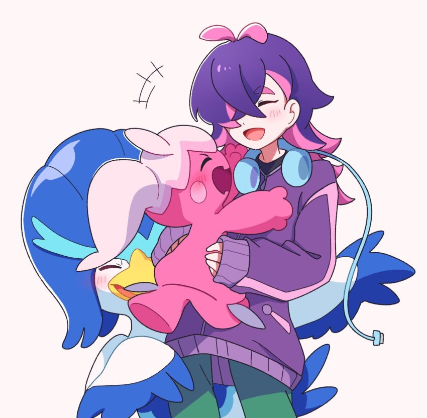 1girl closed_eyes colored_inner_hair commentary dot_(pokemon) green_pants hair_over_one_eye headphones headphones_around_neck holding holding_pokemon jacket multicolored_hair ni12345670 nintendo open_mouth pants pink_hair pokemon pokemon_(anime) pokemon_(creature) pokemon_horizons purple_hair purple_jacket quaxwell sleeves_past_wrists symbol-only_commentary tinkatuff twintails two-tone_hair white_background