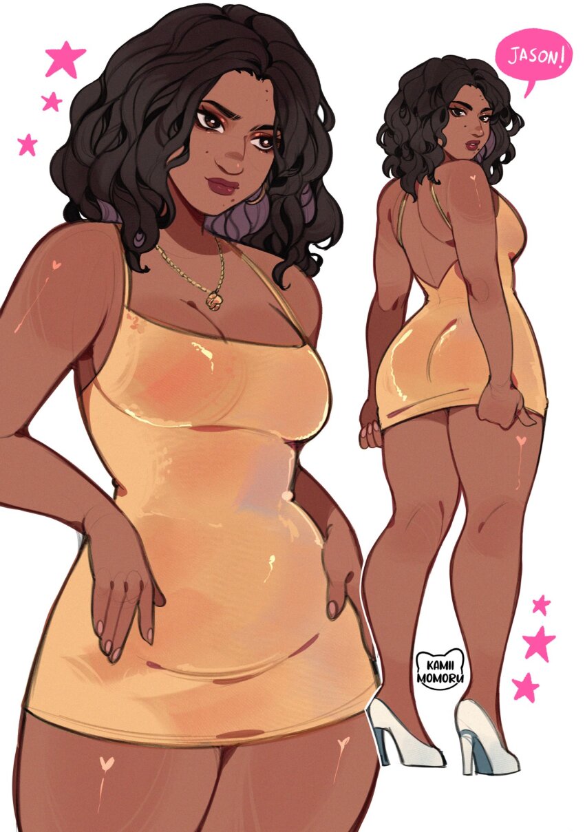 1girl ass black_hair breasts brown_eyes commentary curvy dark-skinned_female dark_skin dress grand_theft_auto grand_theft_auto_vi high_heels highres jewelry kamii_momoru large_breasts lucia_caminos lucia_caminos necklace short_dress star_(symbol) thick_arms wavy_hair yellow_dress
