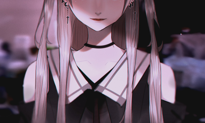 1girl bare_shoulders black_choker black_dress blonde_hair blurry blurry_background choker collarbone commentary_request cross cross_earrings dress earrings eyes_out_of_frame head_out_of_frame highres indoors jewelry latin_cross light_smile lipstick long_hair makeup mano_aaa off-shoulder_dress off_shoulder original red_lips solo upper_body