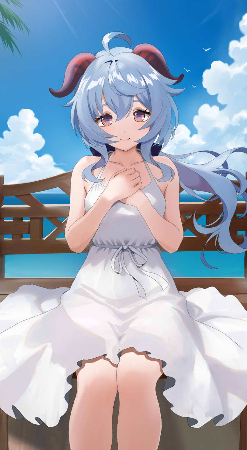 1girl absurdres ahoge alternate_costume bare_shoulders beach bird black_bow blue_hair blue_sky bow breasts clenched_hands closed_mouth cloud cloudy_sky collarbone commentary_request day dress feet_out_of_frame floating_hair ganyu_(genshin_impact) genshin_impact goat_horns hair_between_eyes hair_bow hands_on_own_chest hands_up highres horns long_hair looking_at_viewer low_ponytail medium_breasts mishirosora ocean on_bench outdoors palm_leaf ponytail purple_eyes ribbon seagull shadow sidelocks sitting sky sleeveless sleeveless_dress smile solo summer sunlight white_dress white_ribbon