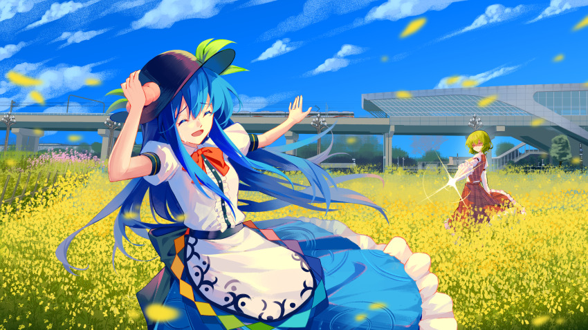 2girls absurdres apron ascot black_hat blue_hair blue_skirt blue_sky blurry bow bowtie center_frills chinese_commentary closed_eyes closed_mouth closed_umbrella cloud commentary_request day depth_of_field falling_petals false_smile flower flower_request food frills fruit fruit_hat_ornament green_hair hat hat_ornament highres hinanawi_tenshi kazami_yuuka leaf leaf_hat_ornament long_hair long_sleeves minuo multiple_girls open_clothes open_mouth open_vest outdoors peach peach_hat_ornament petals plaid_clothes plaid_skirt plaid_vest puffy_short_sleeves puffy_sleeves rainbow_order red_bow red_bowtie red_skirt shaded_face shirt short_sleeves skirt skirt_set sky smile tears touhou train umbrella very_long_hair vest waist_apron white_apron white_shirt yellow_ascot yellow_flower yellow_petals