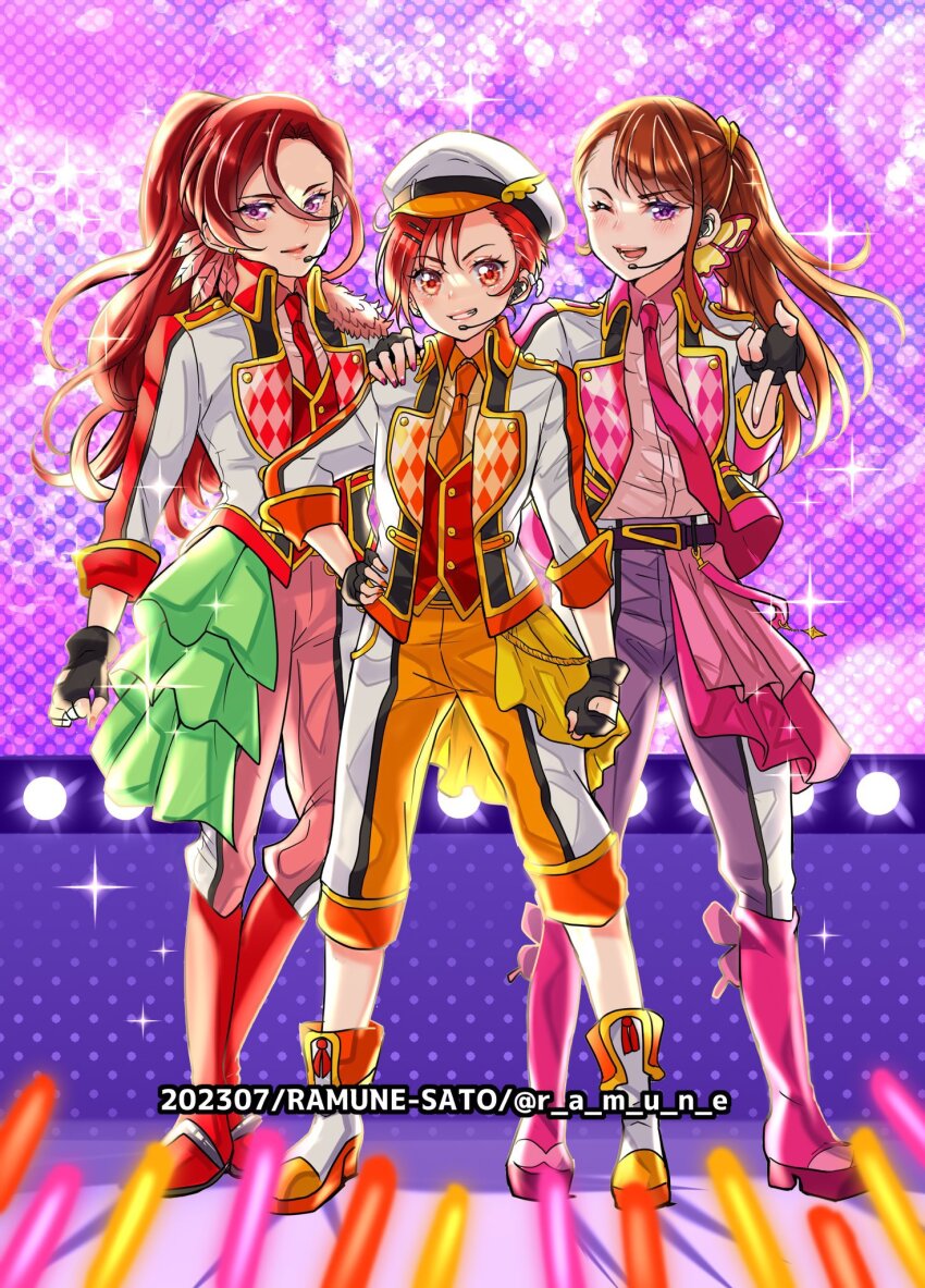 3girls artist_collaboration highres hijiri_ageha hino_akane_(smile_precure!) hirogaru_sky!_precure idol in-franchise_crossover multiple_girls precure precure_all_stars ramune02 smile_precure! stage takizawa_asuka tropical-rouge!_precure