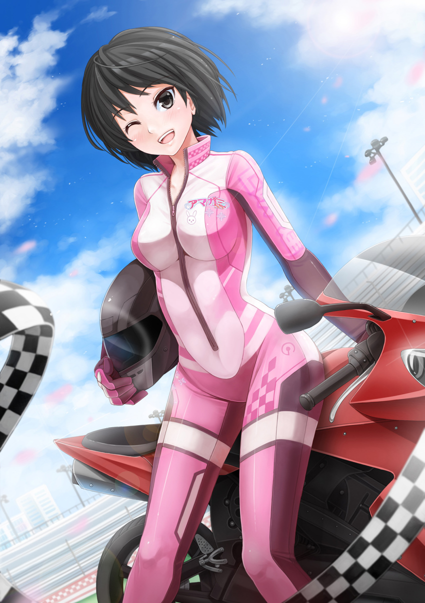 1girl ;d alternate_costume amagami animal_print black_eyes black_hair blue_sky blurry blush bob_cut bodysuit breasts building carrying carrying_under_arm clothes_writing cloud day depth_of_field dutch_angle eyebrows female_focus full-length_zipper glint gloves helmet highres lamppost large_breasts lens_flare long_sleeves looking_at_viewer motor_vehicle motorcycle motorcycle_helmet nanasaki_ai one_eye_closed open_mouth outdoors petals pink_gloves rabbit_print race_queen short_hair sidesaddle sitting sky smile solo sunimu unworn_headwear unworn_helmet zipper