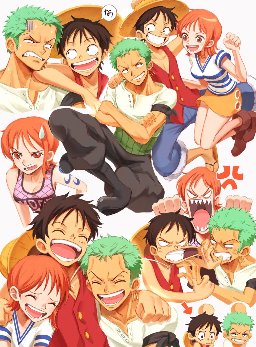 1girl 2boys anger_vein angry arm_around_neck arrow_(symbol) bandana bandana_around_arm bare_arms bare_shoulders black_bandana black_hair blank_eyes boots breasts brown_boots buttons cheek_pull clenched_teeth commentary_request cropped_torso earrings facial_scar friends full_body furrowed_brow gloom_(expression) green_hair grin happy haramaki hat hat_on_back head_bump highres jewelry laughing looking_at_another medium_breasts miniskirt monkey_d._luffy multiple_boys multiple_views nami_(one_piece) nami_(one_piece)_(east_blue) nami_(one_piece)_(whisky_peak) oekakiboya official_alternate_costume one_piece open_mouth orange_eyes orange_hair pants pink_shirt red_vest roronoa_zoro sandals scar scar_on_cheek scar_on_face sharp_teeth shirt shoes short_hair short_sleeves shoulder_tattoo skirt sleeveless sleeveless_shirt smile straw_hat straw_hat_pirates striped_clothes striped_shirt sweat sweatdrop tattoo tearing_up teeth two-tone_shirt upper_body v-neck v-shaped_eyebrows vest white_shirt yellow_skirt
