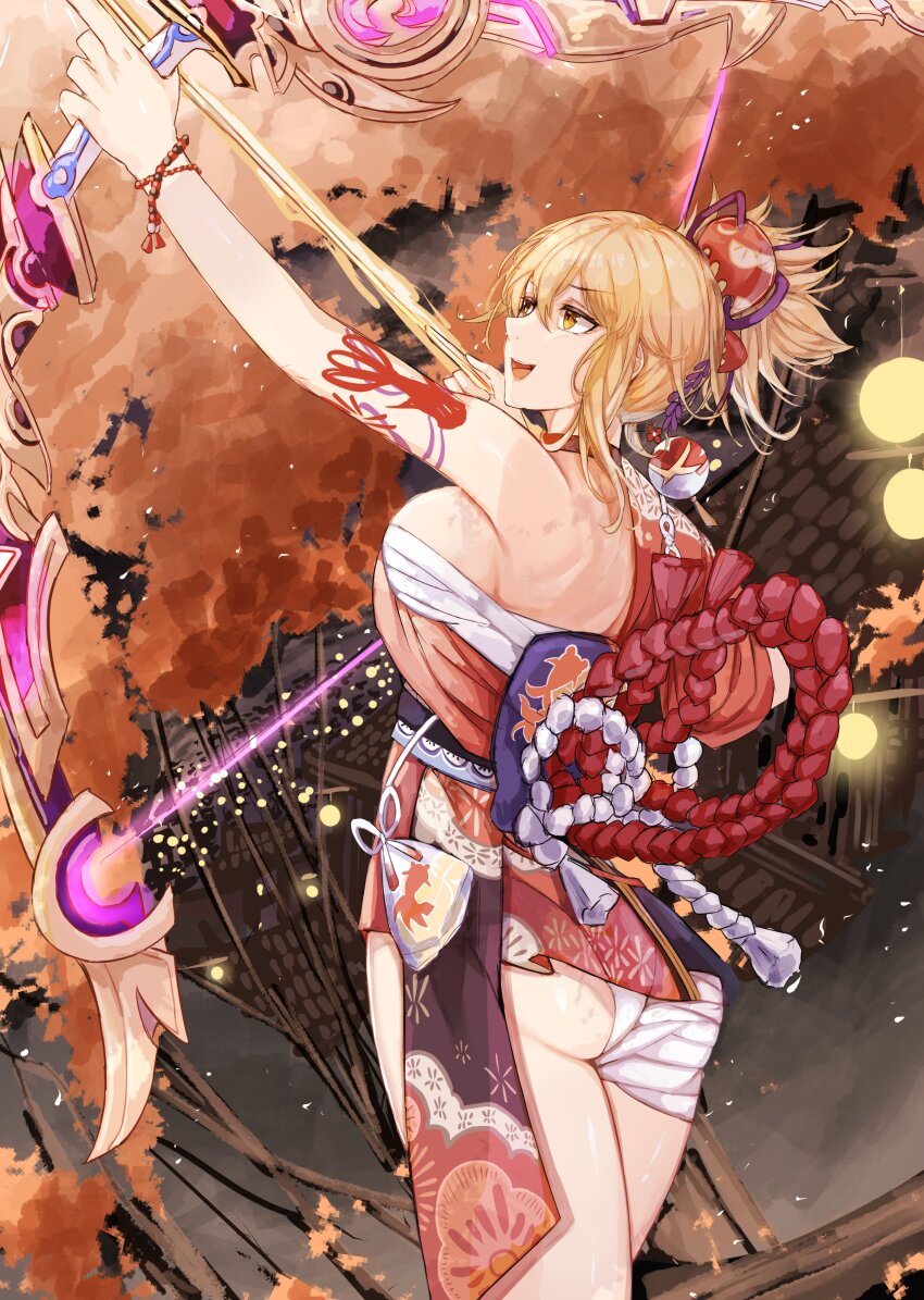 1girl absurdres arm_tattoo arrow_(projectile) ass bandages bare_arms bare_back bare_shoulders blonde_hair bow_(weapon) breasts chest_sarashi choker commentary cowboy_shot genshin_impact highres holding holding_bow_(weapon) holding_weapon japanese_clothes kimono large_breasts nui_gurumi orange_kimono ponytail red_choker sarashi short_hair short_kimono solo standing tattoo thighs weapon yellow_eyes yoimiya_(genshin_impact)