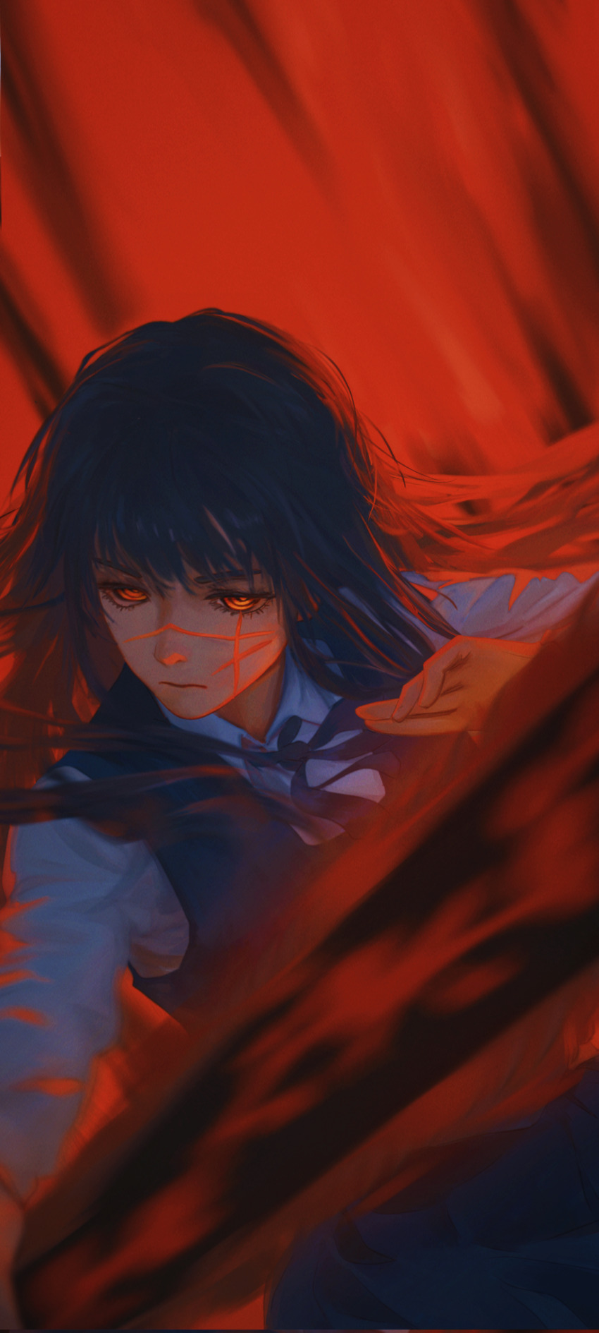 1girl absurdres black_dress black_hair blue_ribbon blue_shirt chainsaw_man chinese_commentary closed_mouth commentary_request cowboy_shot dark dress highres long_dress looking_at_viewer neck_ribbon orange_eyes pinafore_dress red_background ribbon ringed_eyes scar scar_on_face shirt sleeveless sleeveless_dress solo white_shirt yao_liao_wang yoru_(chainsaw_man)