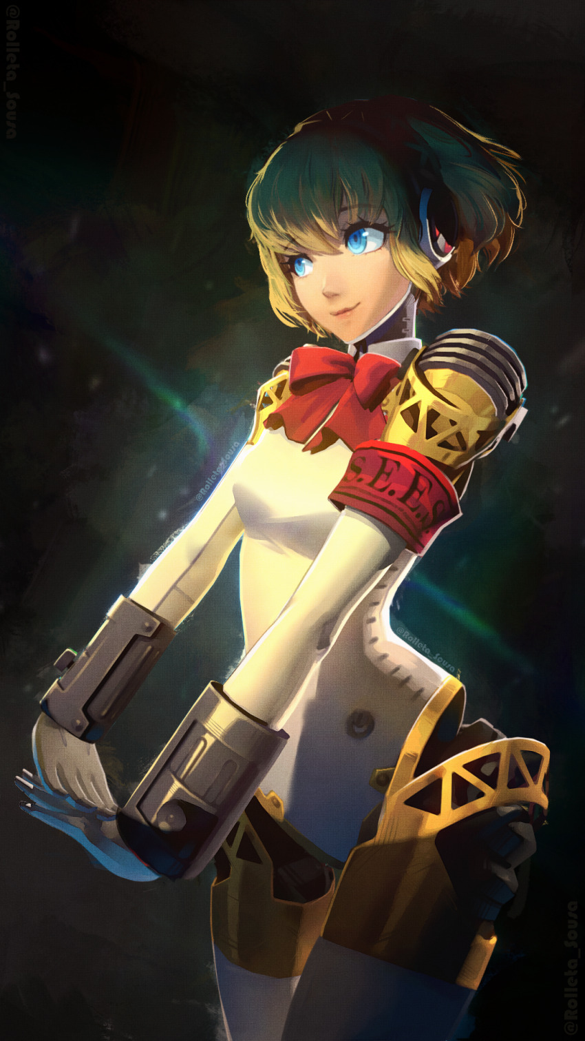 1girl aigis_(persona) android armband blonde_hair blue_eyes bow bowtie breasts closed_mouth cowboy_shot gun hair_between_eyes hairband headphones highres joints light_smile lips mechabare metal metal_skin persona persona_3 persona_3_portable persona_3_reload red_armband red_bow red_bowtie robot_ears robot_girl robot_joints rolleta_sousa s.e.e.s short_hair simple_background small_breasts solo weapon