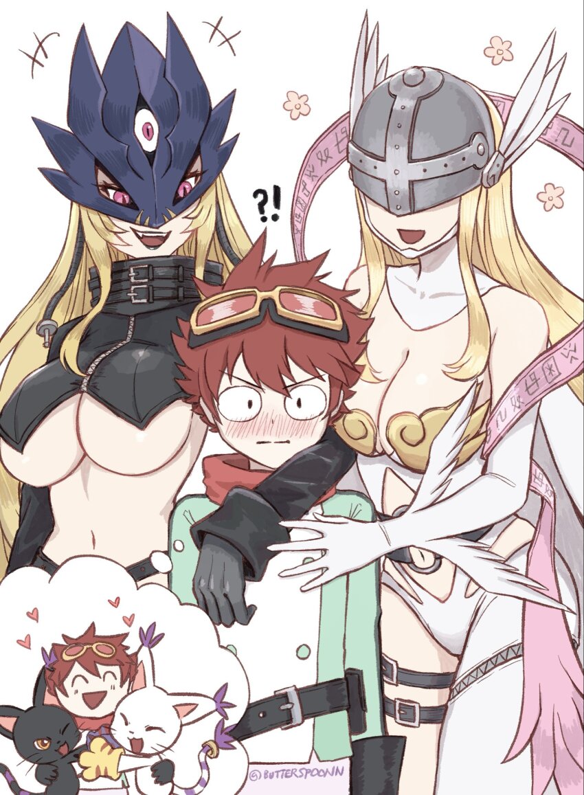 1boy 2girls angel angel_and_devil angel_wings angewomon animal_legs asymmetrical_clothes bandana bandana_around_neck bare_shoulders beelstarmon belt blacktailmon blonde_hair breasts butter_spoon cleavage clothing_cutout covered_eyes digimon digimon_(creature) digimon_story:_time_stranger dress feathered_wings gloves goggles goggles_on_head green_dress group_picture helmet helmet_over_eyes highres holy_ring large_breasts long_hair multiple_girls multiple_wings navel o-ring o-ring_belt red_scarf scarf smile stomach_cutout tailmon thigh_strap two-tone_dress winged_gloves winged_helmet wings wrist_wings yuuki_dan