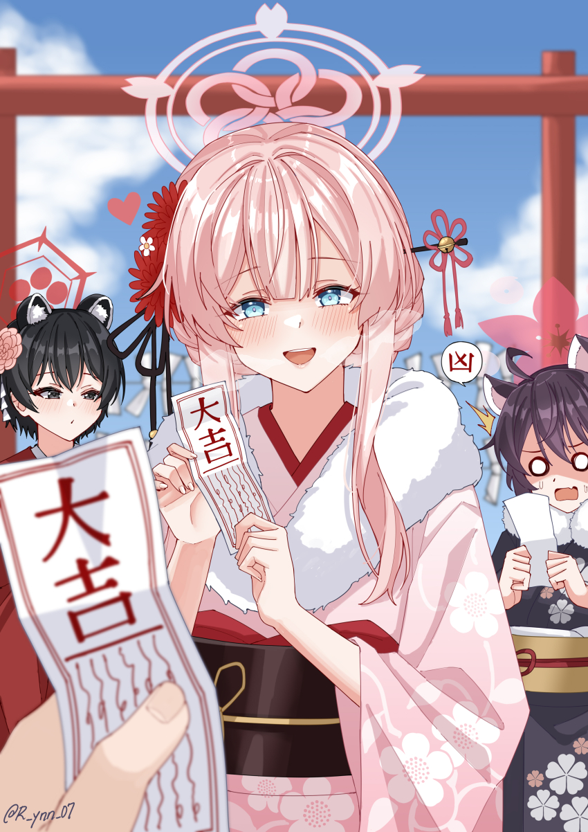 3girls absurdres alternate_costume animal_ear_fluff animal_ears black_hair black_kimono black_sash blue_archive blue_eyes blush extra_ears floral_print floral_print_kimono flower fur_trim grey_eyes hair_between_eyes hair_flower hair_ornament highres holding holding_omikuji holding_paper japanese_clothes kaede_(blue_archive) kimono long_hair looking_at_object mimori_(blue_archive) multiple_girls obi omikuji open_mouth paper pink_flower pink_hair pink_kimono pov print_kimono purple_hair raccoon_ears red_kimono rynn_(darknescorez) sash short_hair sidelocks torii translated tsubaki_(blue_archive) yellow_sash