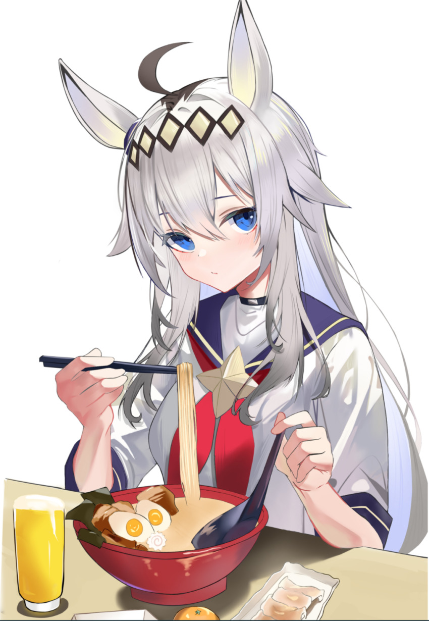 1girl ahoge alcohol animal_ears beer black_hair blue_eyes blush bowl chopsticks cup dumpling food food_request fruit grey_hair hair_flaps highres holding holding_chopsticks holding_spoon horse_ears horse_girl jiaozi long_hair looking_at_viewer multicolored_hair neckerchief noodles oguri_cap_(umamusume) orange_(fruit) paheide_guang ramen school_uniform serafuku solo spoon two-tone_hair umamusume