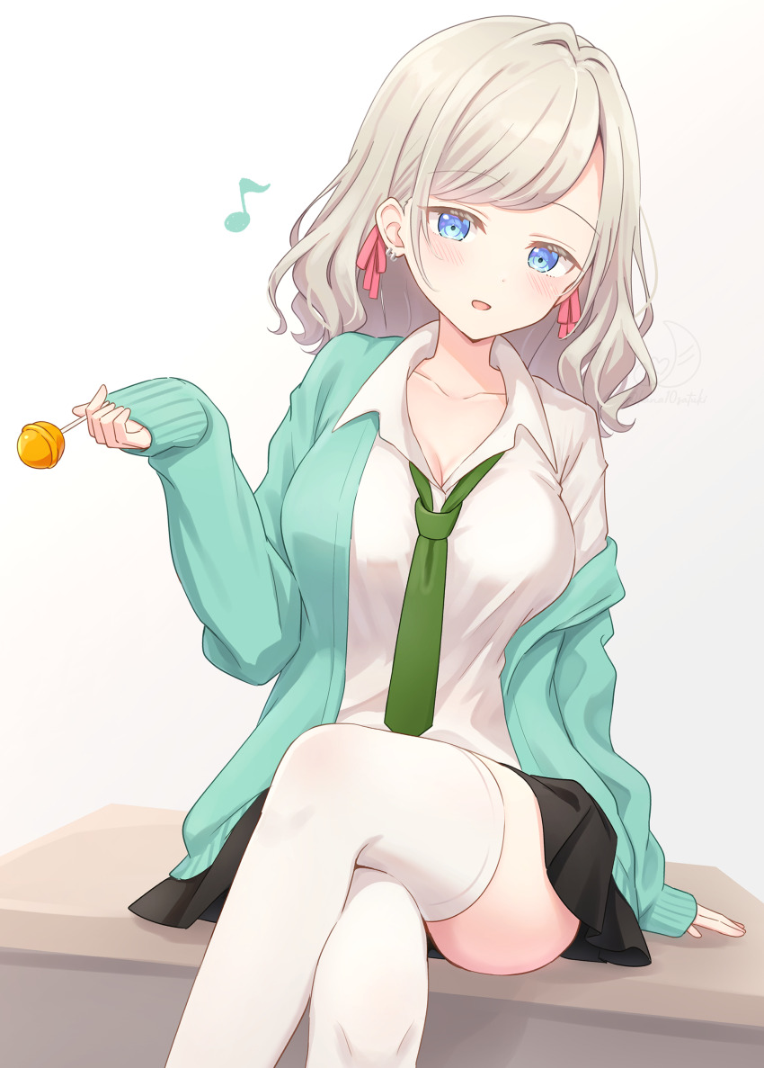 1girl absurdres aqua_cardigan black_skirt blue_eyes breasts candy cardigan ceras_yanagida_lilienfeld chupa_chups cleavage collarbone collared_shirt commentary crossed_legs desk dress_shirt feet_out_of_frame food green_necktie grey_hair gyaru hair_ribbon hanazora_satsuki highres holding holding_candy holding_food holding_lollipop large_breasts link!_like!_love_live! lollipop long_hair love_live! miniskirt mizukawa_school_uniform necktie on_desk pink_ribbon pleated_skirt ribbon school_uniform shirt simple_background single_off_shoulder sitting skirt solo swept_bangs thighhighs translation_request white_background white_shirt white_thighhighs zettai_ryouiki
