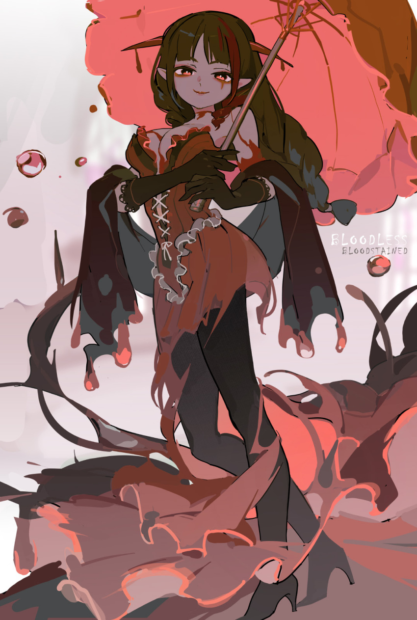 1girl black_gloves black_one-piece_swimsuit black_sash blood bloodless_(bloodstained) bloodstained:_ritual_of_the_night breasts commentary_request copyright_name frills gloves high_heels highres holding holding_umbrella horns looking_at_viewer looking_down medium_breasts multicolored_hair one-piece_swimsuit pantyhose plunging_neckline pointy_ears red_eyes red_hair sash seductive_smile smile solo strapless swimsuit tennohi two-tone_hair umbrella